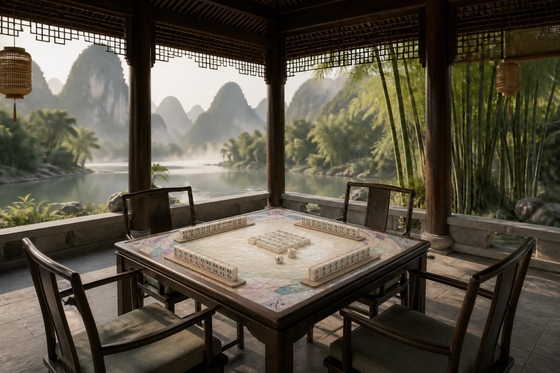 Abalone Dream mahjong mat arranged on a table for four
