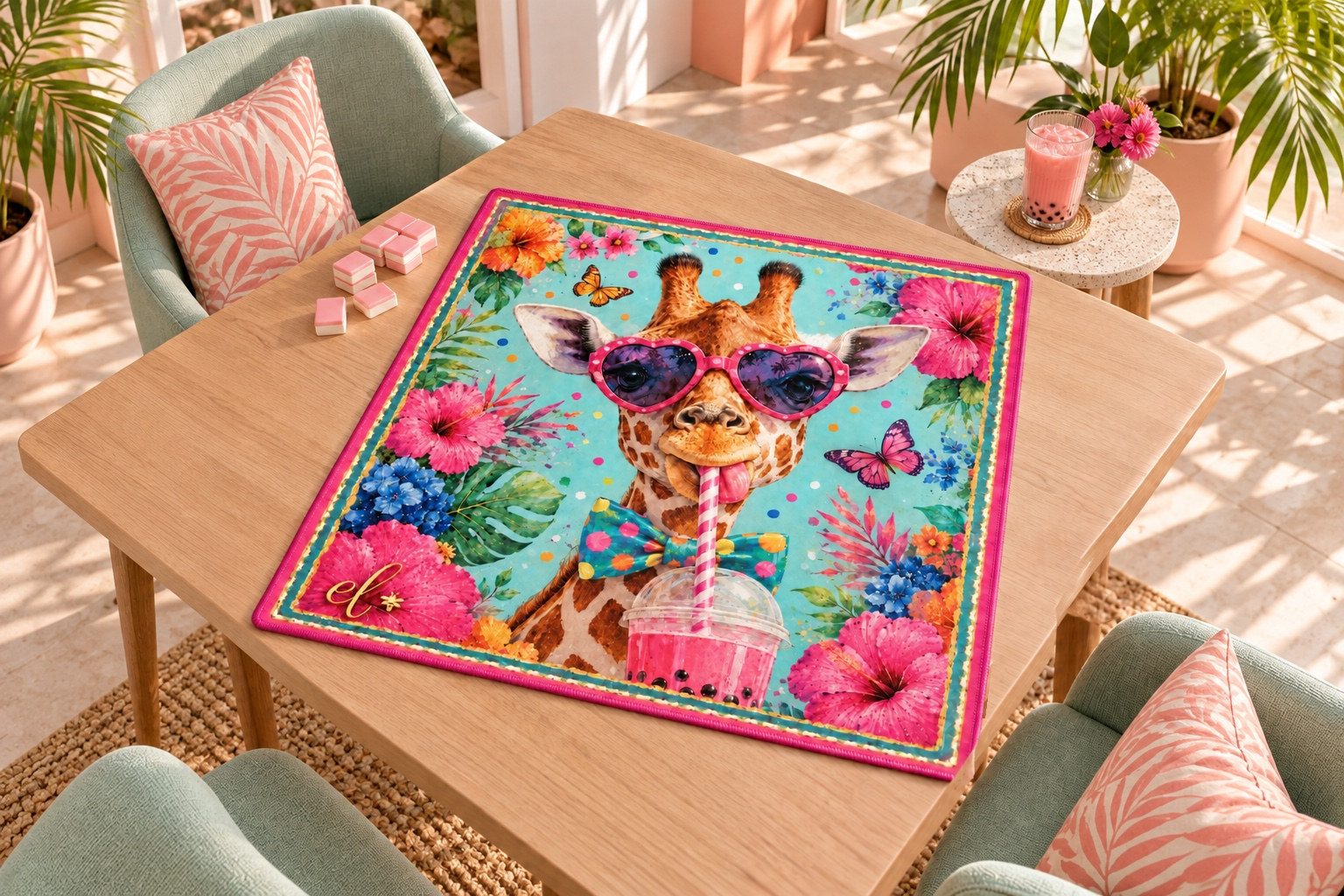 Tall Drink mahjong mat with pink stitched edges on an oak table with mint chairs