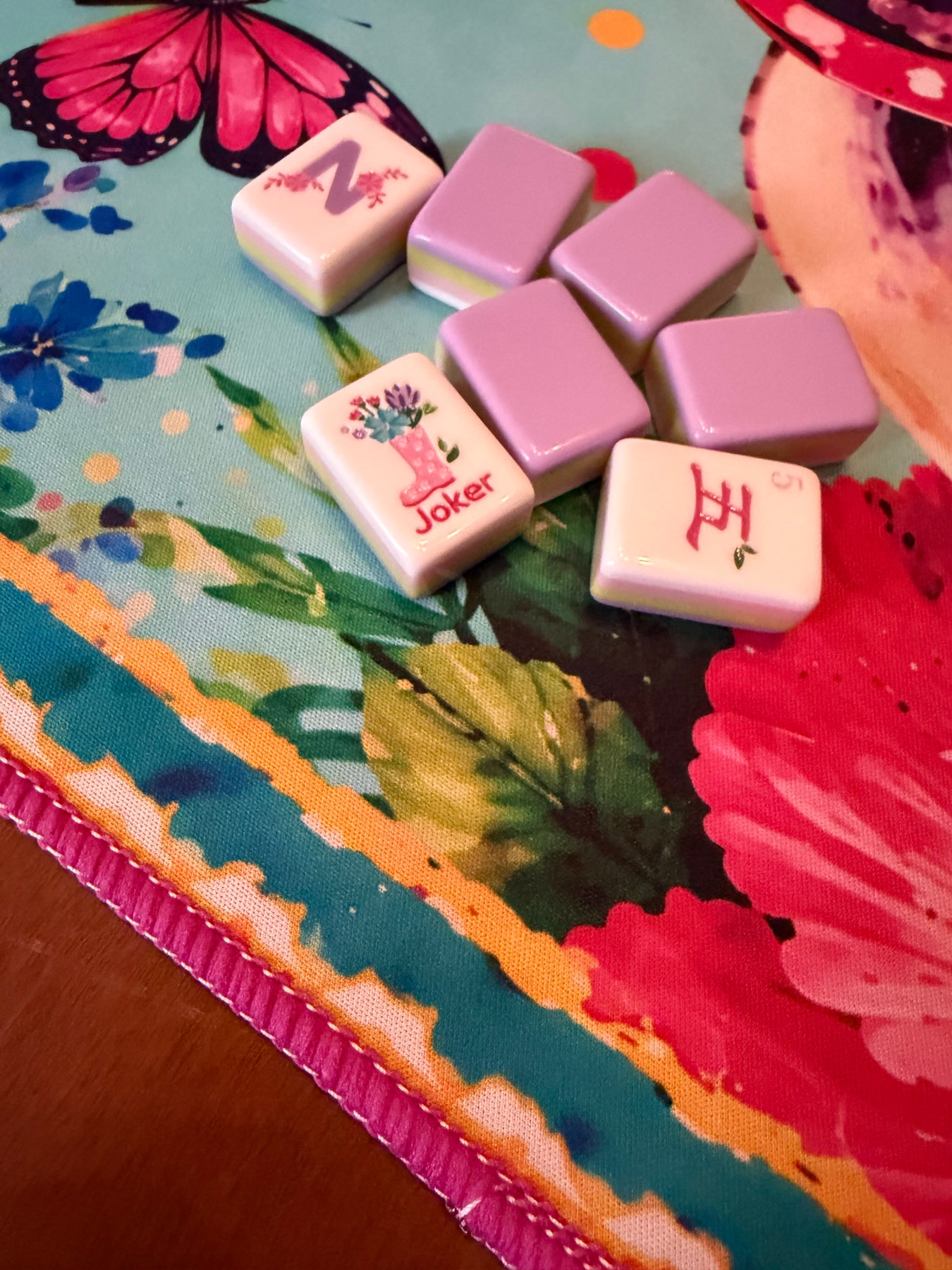 Tall Drink Mahjong Mat — Seconds — pink stitched edge with mahjong tiles